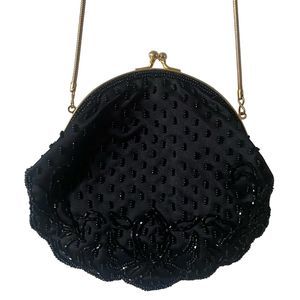 Vintage 80s Handmade Glass Beaded Silk Shell Evening Bag